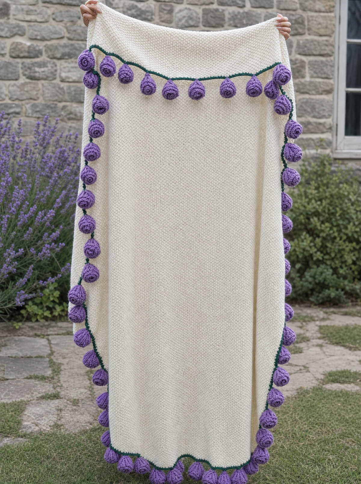 Open cream blanket with violet crochet flowers - reference photo